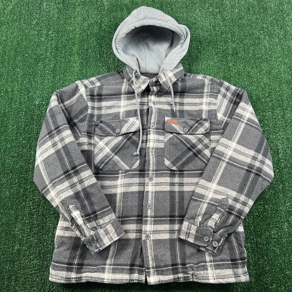 Mountain Ridge Hoodie Men's Large Gray Plaid Sherpa‎ Lined Flannel Polyester